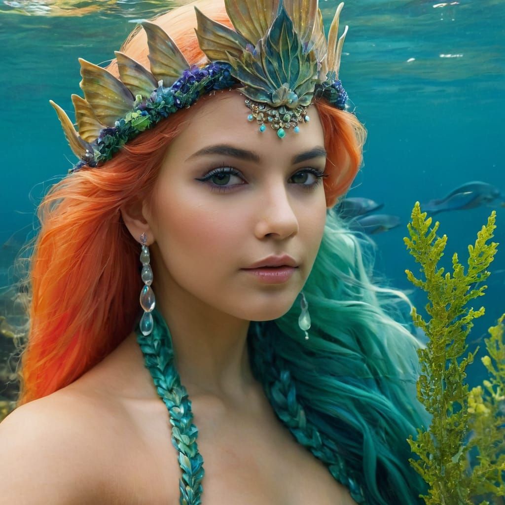 A mermaid queen with flowing ocean-colored hair