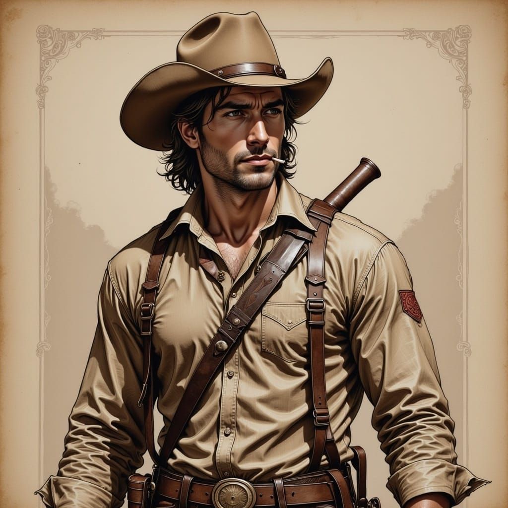 <lora:sMOre Flux:1.0> A rugged Wild West desperado with a cigarette in his mouth, bullet strap across his chest, worn cowboy hat, and holdi...