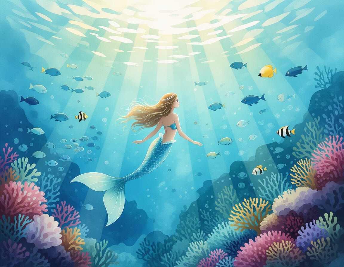 underwater landscape with a dolphin and exotic fish