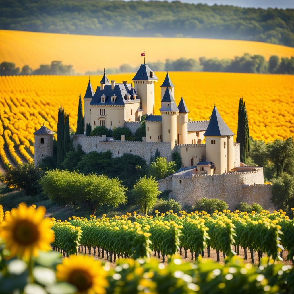 Château français et champ de tournesols en Provence
