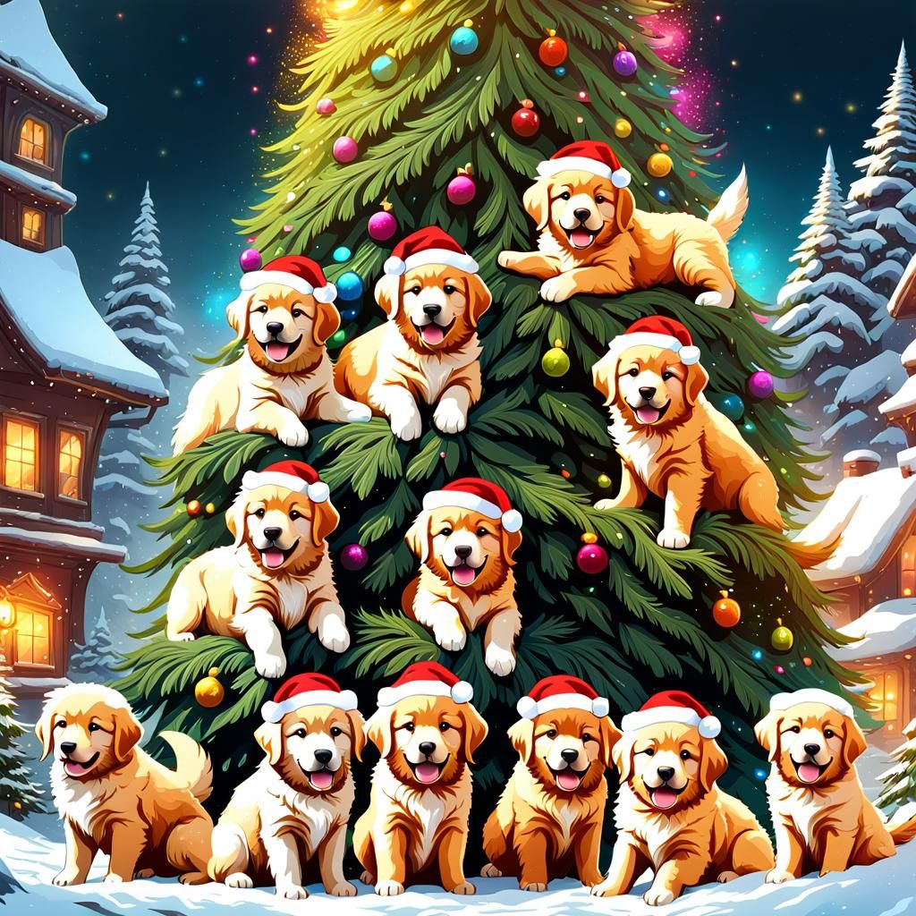 Puppies Around The Xmas Tree 🎄🎁🐕❤️