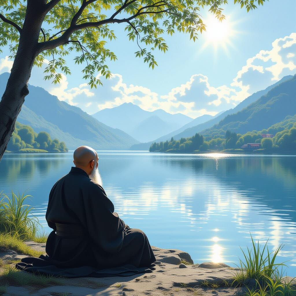 Eccentric Monk Gazes at Reflection by Sunny Lake