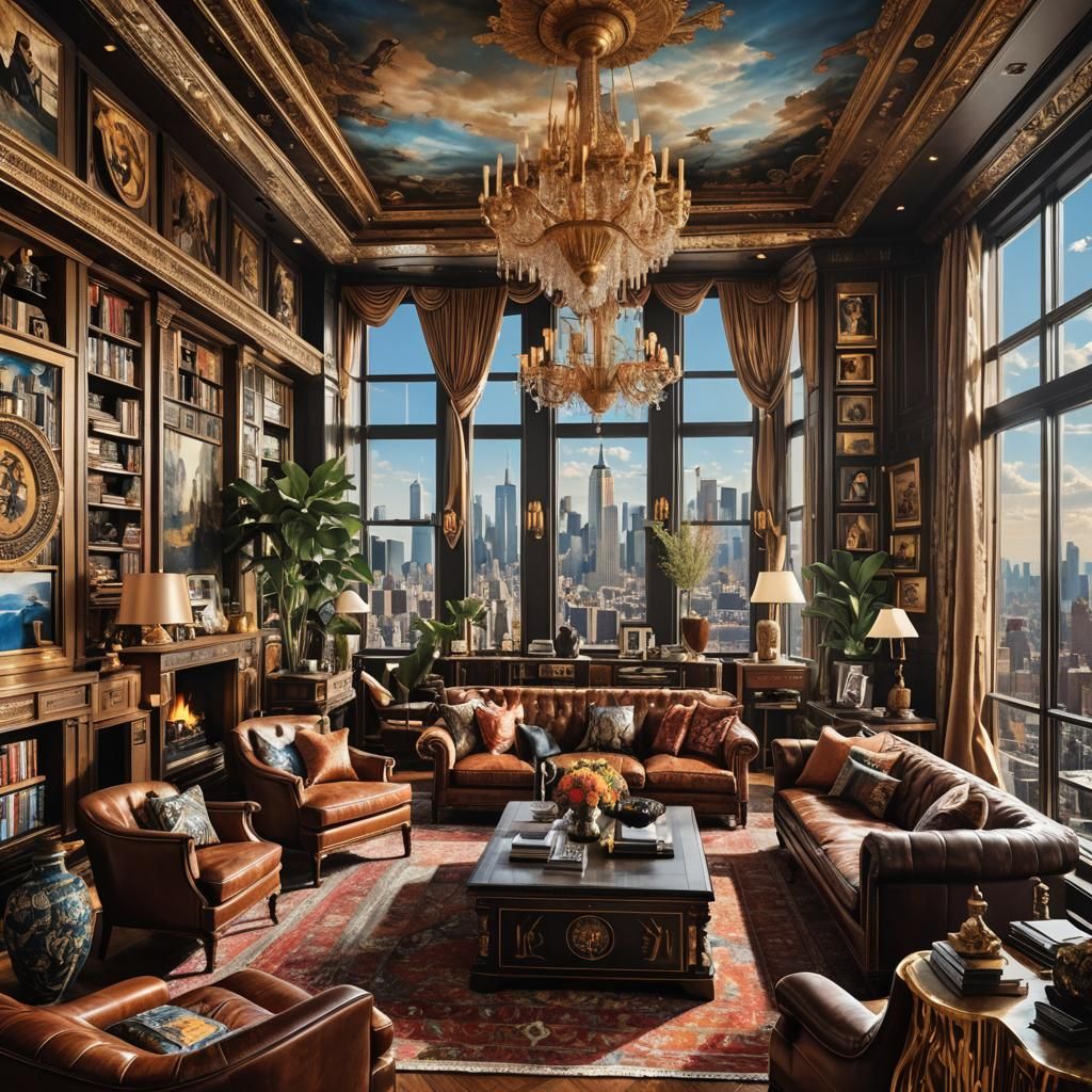 Interior of a New York penthouse. Maximalist interior design...