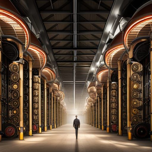 A massive bitcoin mining farm in the style of steampunk but ...