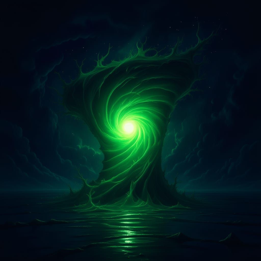 A portal to another dimension the portal looks like neon green tornado the center a piercing brightness is shining through it makes everyone...