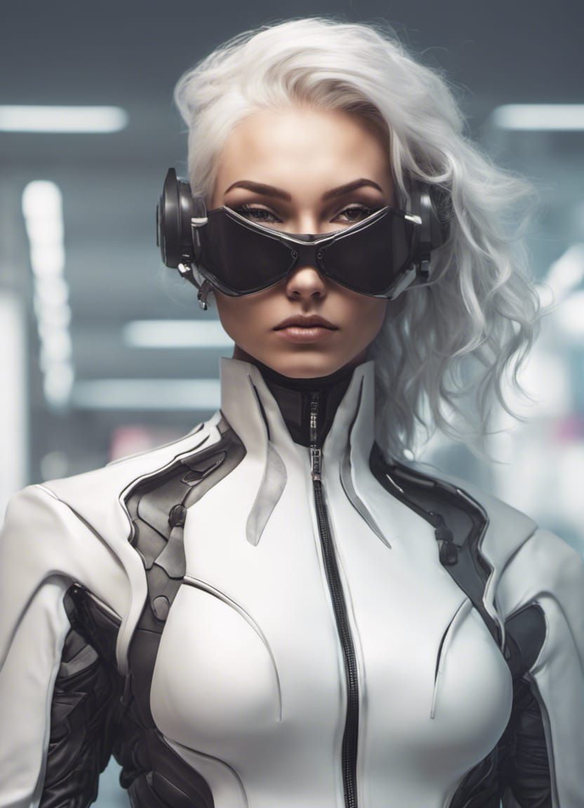 Slick feminine edgy-business suit, cyberpunk, white