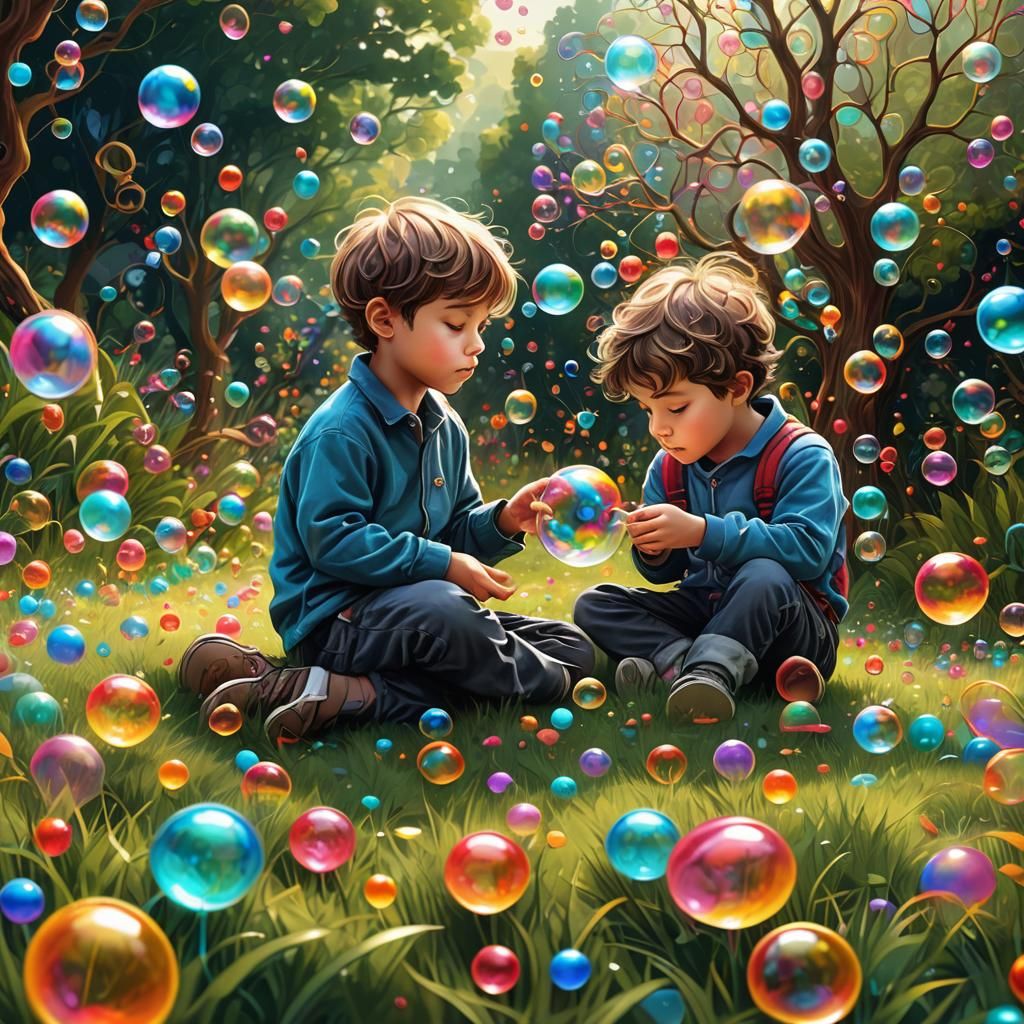 Boy Blowing Bubbles in Fractal Garden: Digital Art