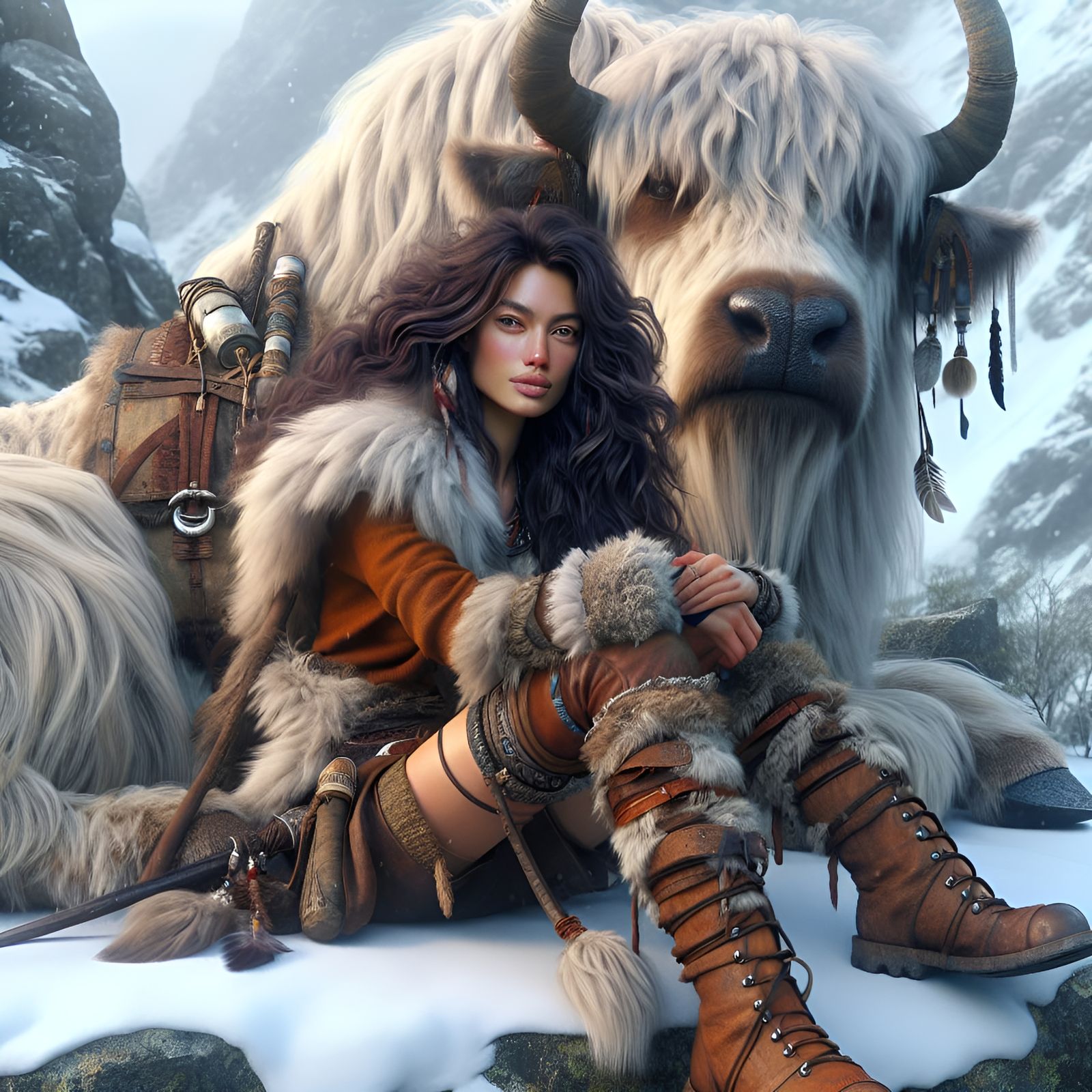 Stunning color sketch of a strong and beautiful barbarian warrioress with fierce brown eyes and long tousled dark brown sable hair, sleeping...