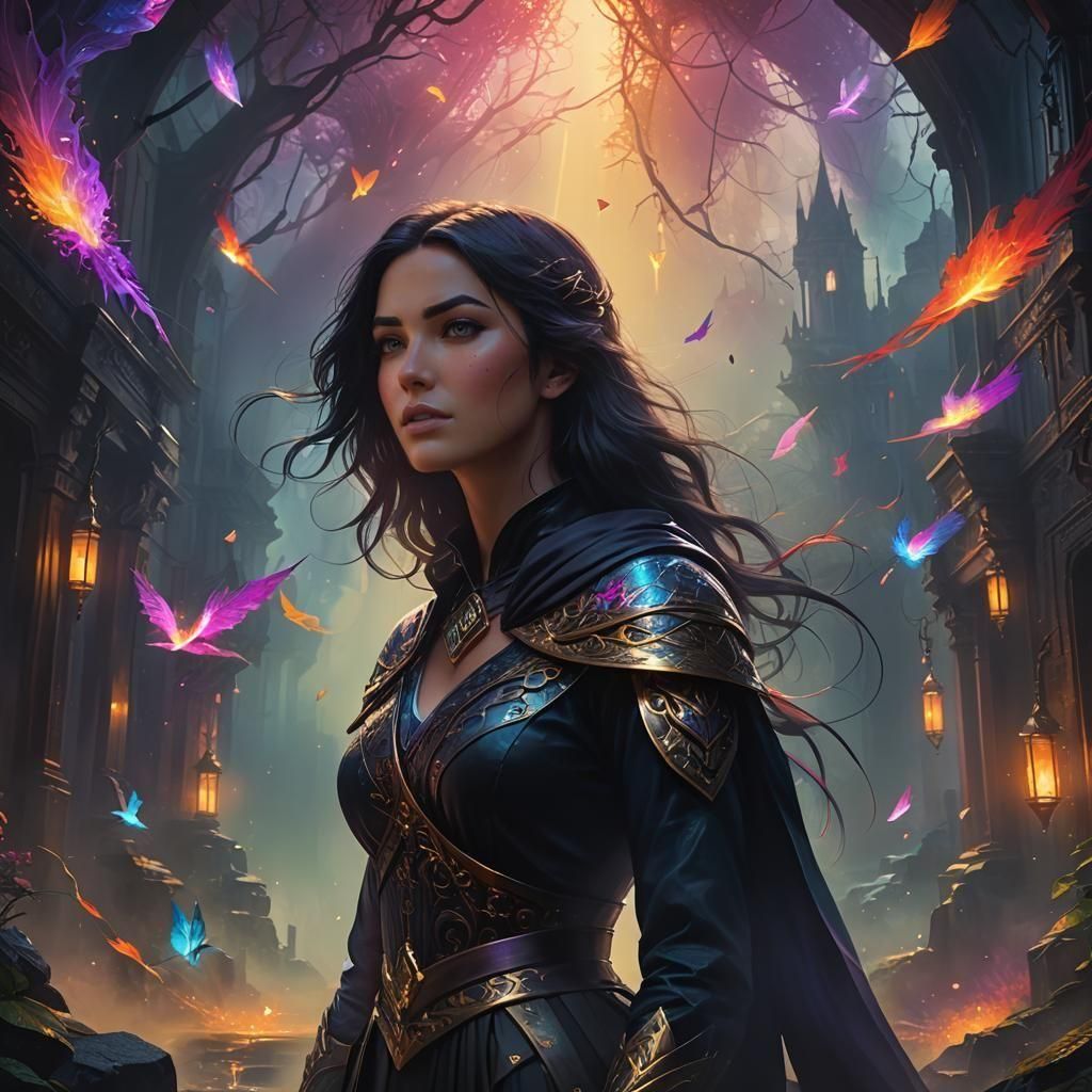 a young woman with dark hair rendered in the style of a fort...