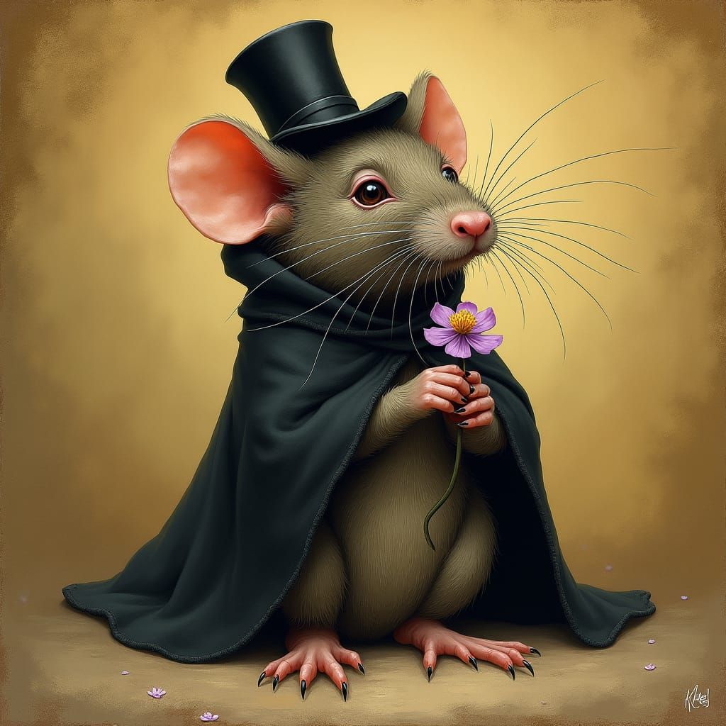 I am a surprised rat clad in black holding a small flower in...