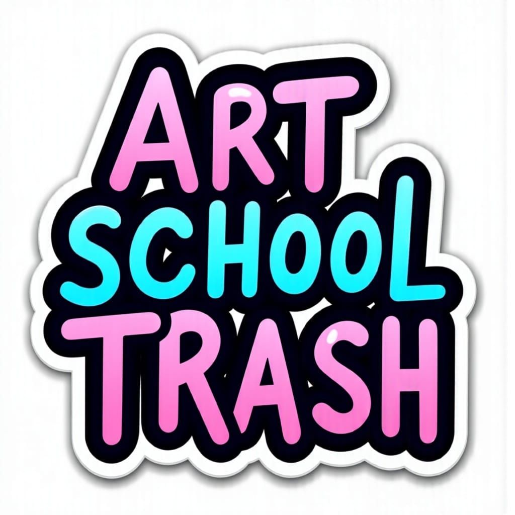 Sleek, minimalist sticker <lora:Stick A Pin in it:1.3> design with "Art School Trash" in bold, sans-serif lettering, subtle neon blue and pi...