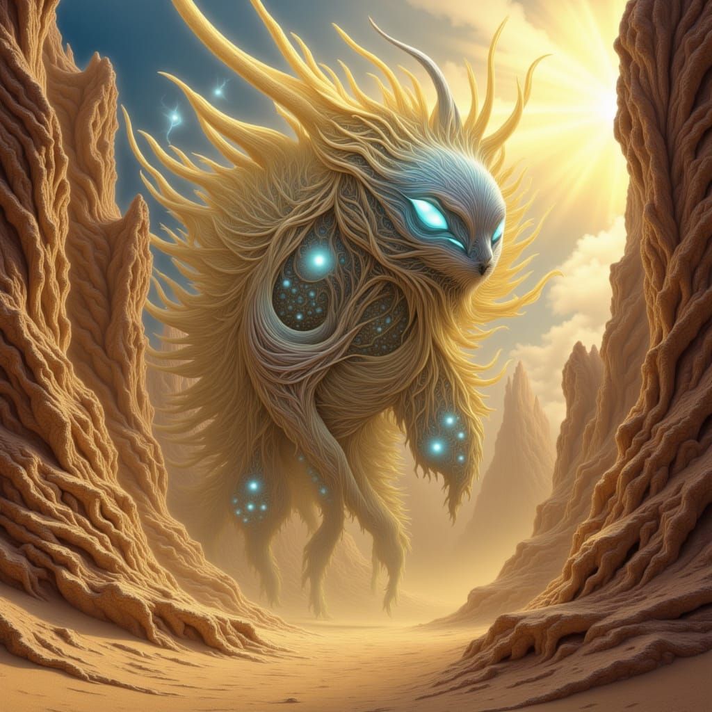 <lora:Bliss Fire:1.0> EXQUISITELY BEAUTIFUL STYLIZED SURREAL HIFI LION CREATURE IN THE DESERT ARCHED CLIFFS MASTERPIECE