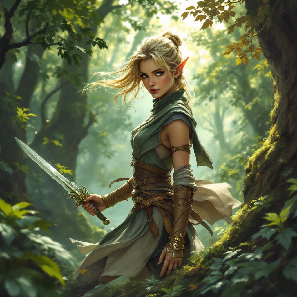DnD fantasy style image. A beautiful female wood elf fighter stands in the midst of a lush, magical fantasy deciduous forest. Her light blon...