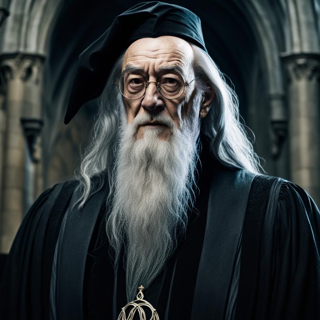 Closeup of Professor Albus Dumbledore, earting black robe, glasses