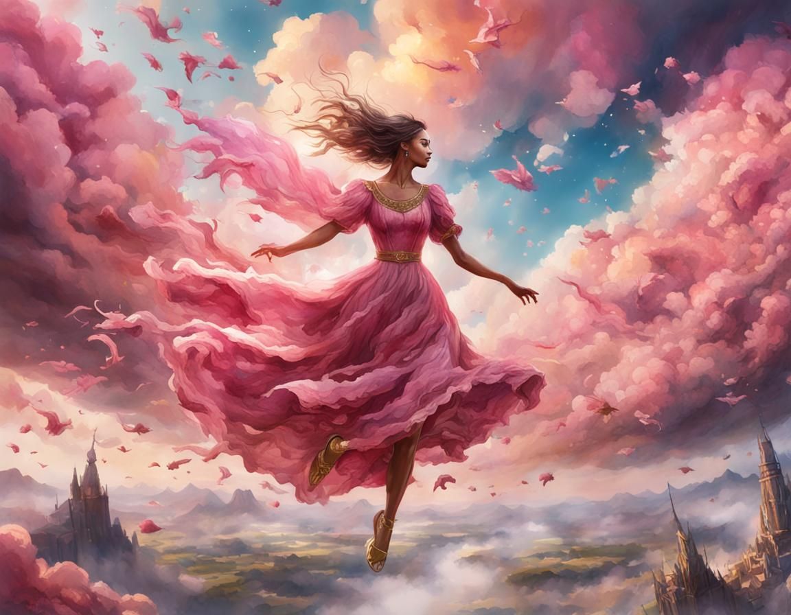 Girl in Pink Dress Flying Through Golden Clouds
