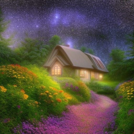 Cottage in the forest glistening in the moonlight with stars...