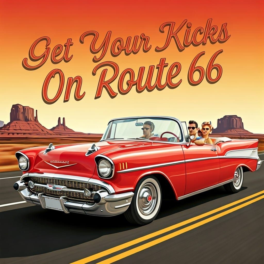 Vintage travel poster featuring a late 1950s car and the text " Get Your Kicks On Route 66"