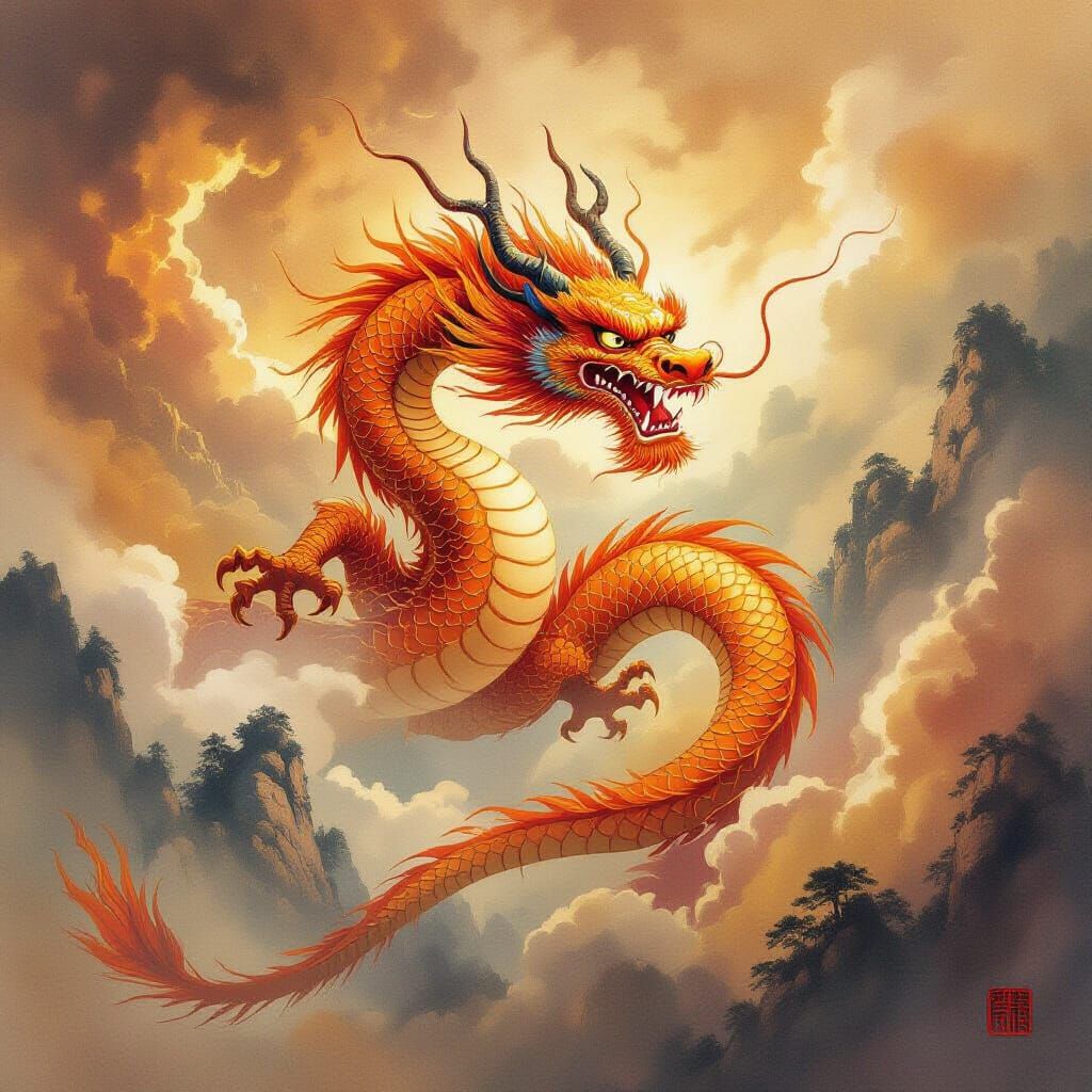 Ancient Chinese Dragon in Fiery Skies: Ink Wash Painting