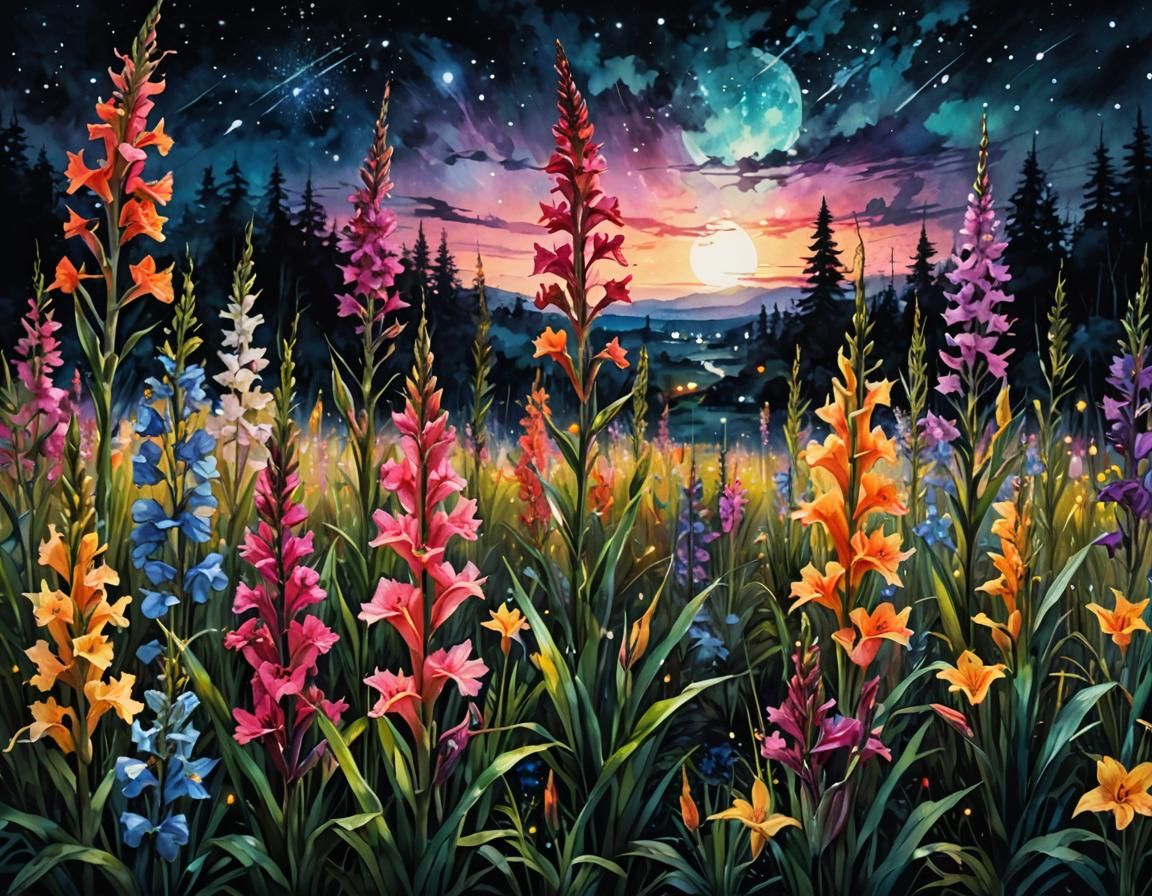 gladiolus by moonlight  by @fiercebearart