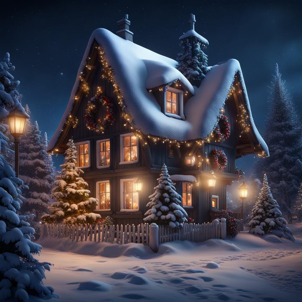 snowy cottage christmas tree village night sky - AI Generated Artwork ...