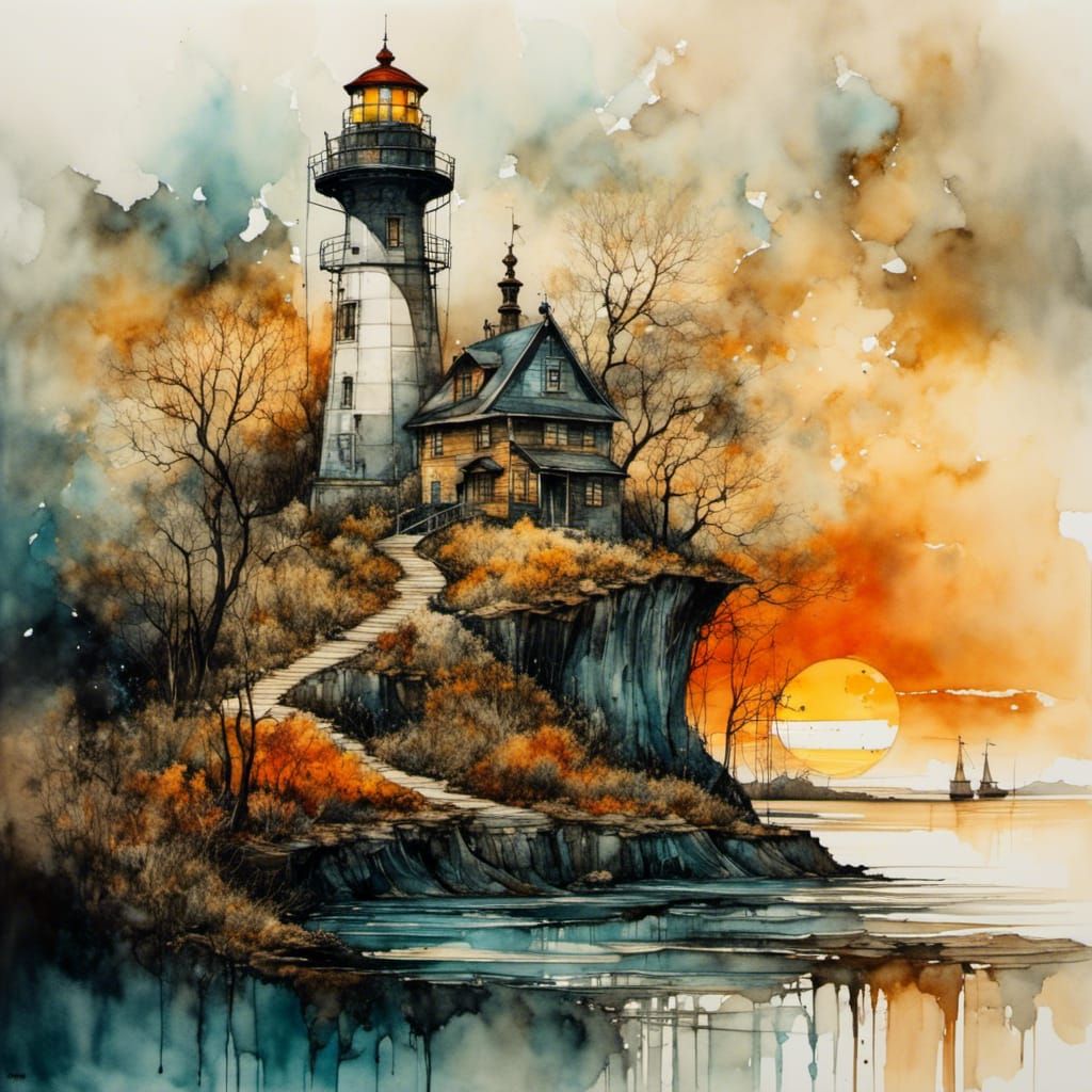 Retrofuturistic_Alien_Landscape, Deciduous_Zentangle_Lighthouse, Surrealism, Alcohol_Ink, Olga_Kvasha, Don_Dixon, <lora:Entyposi:1.0>  by @TheFireElemental