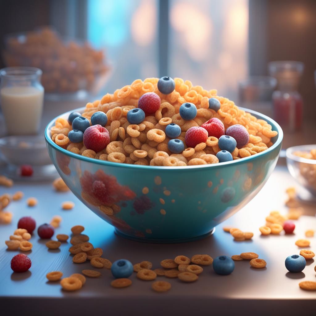 A bowl of cereal on a table.