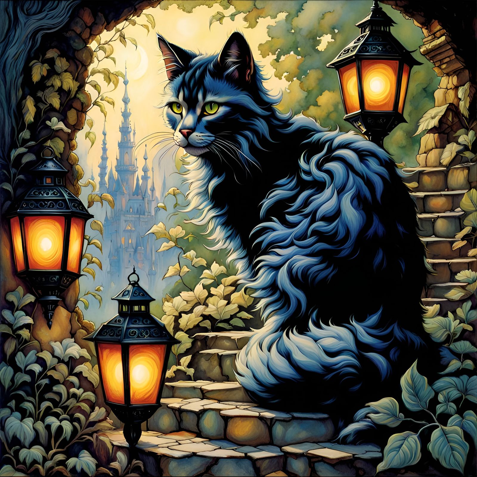 Beautiful fantasy cat, art by arthur rackham, by Julie Bell,...