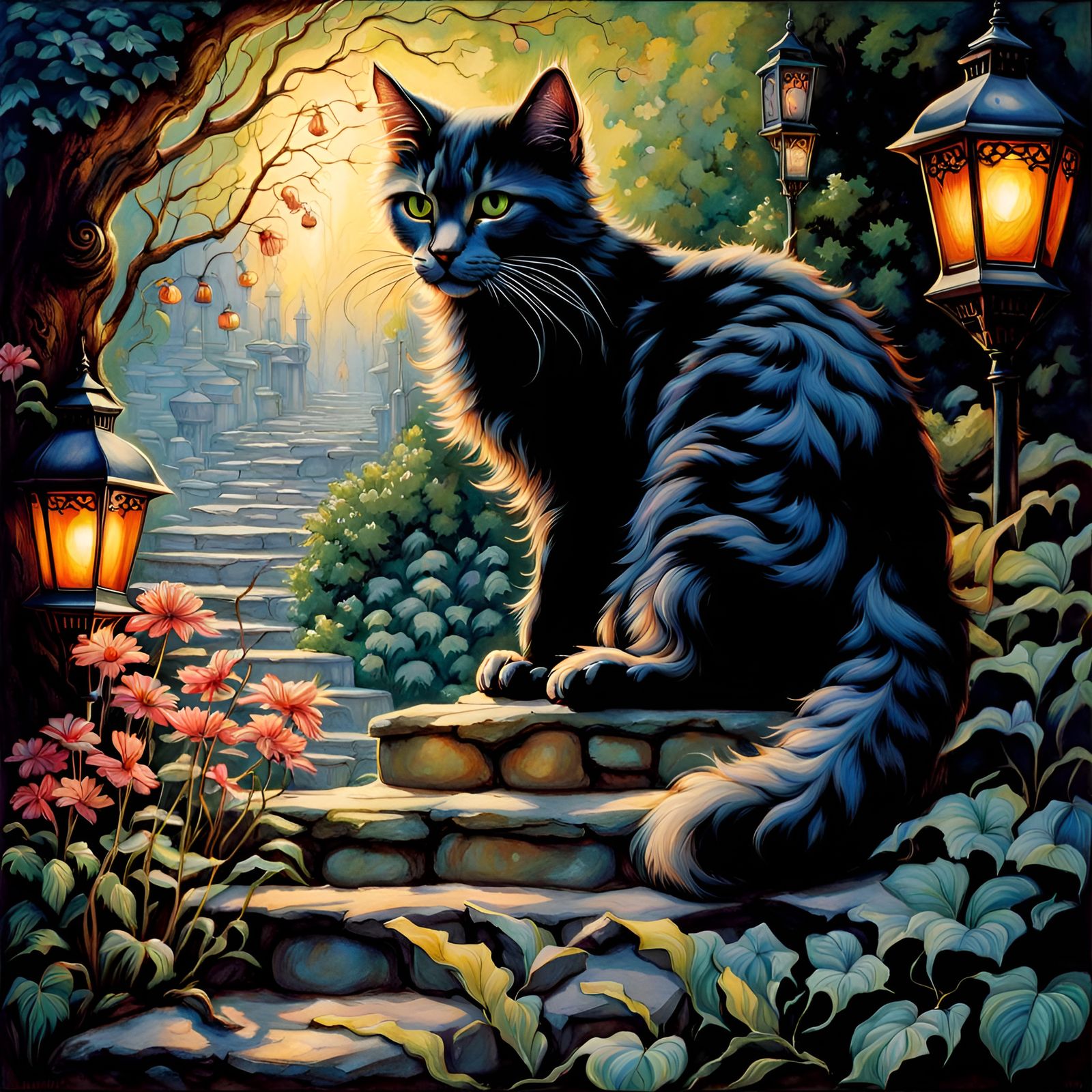 Beautiful fantasy cat, art by arthur rackham, by Julie Bell,...