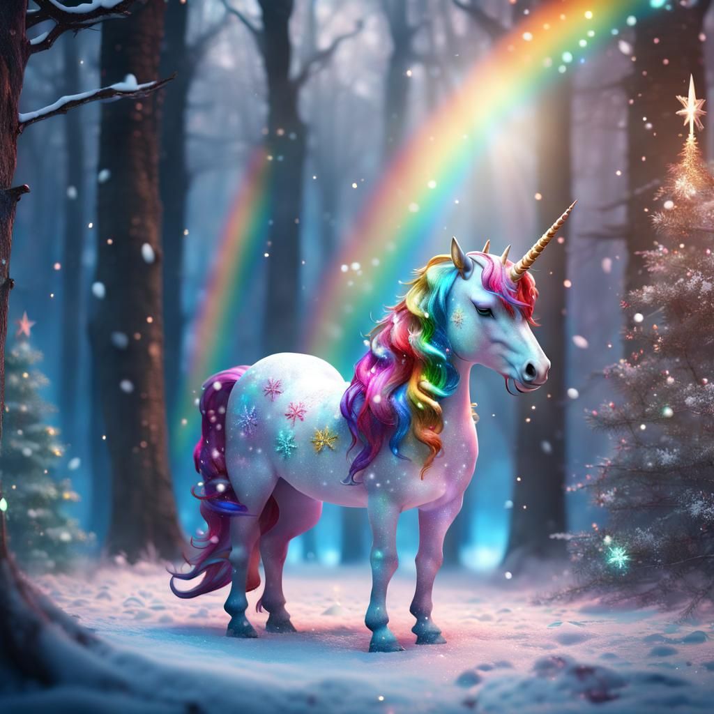 christmas unicorn sweet in forest wit snow in rainbow colors with glitter and snow flakes detailed matte painting, deep color, fantastical,...