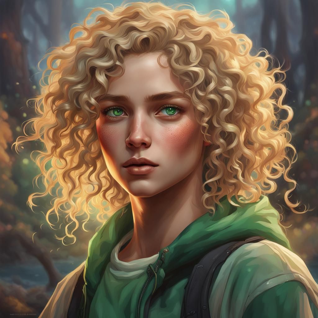 A teenage female with curly blonde hair and green eyes