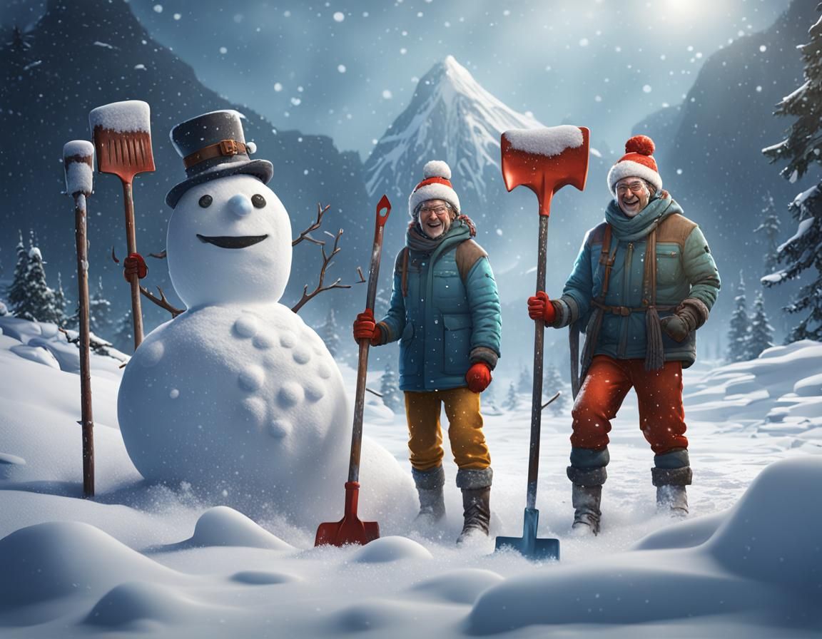 people wearing snow-man hats, standing in knee deep snow, holding snow-shovels  by @Kattrack1000