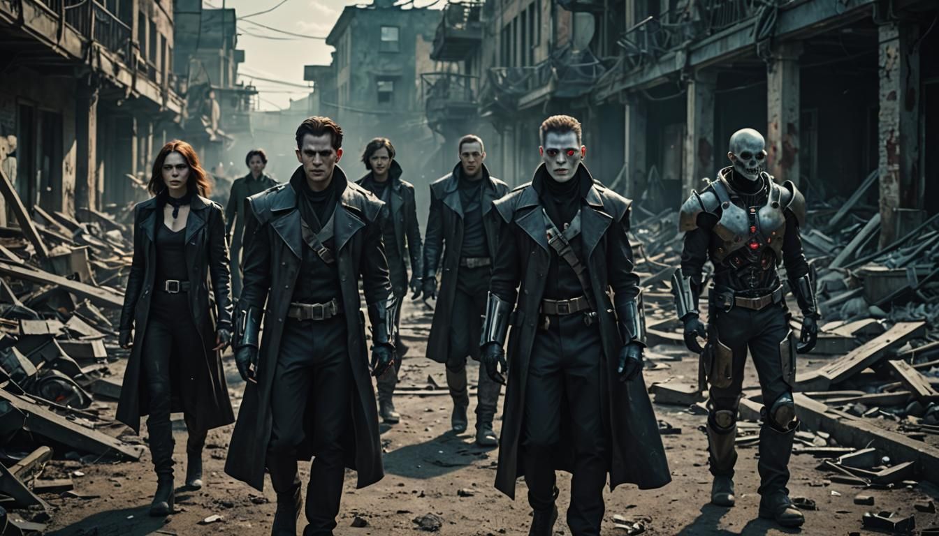 a group of cyborg vampires in a stark, decayed reality