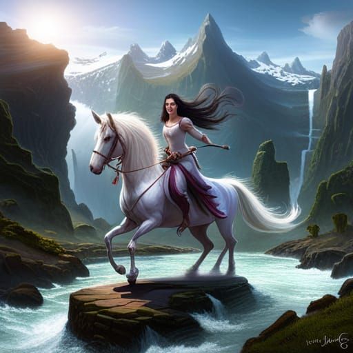 Peggy powers ,with long black hair, riding on a unicorn