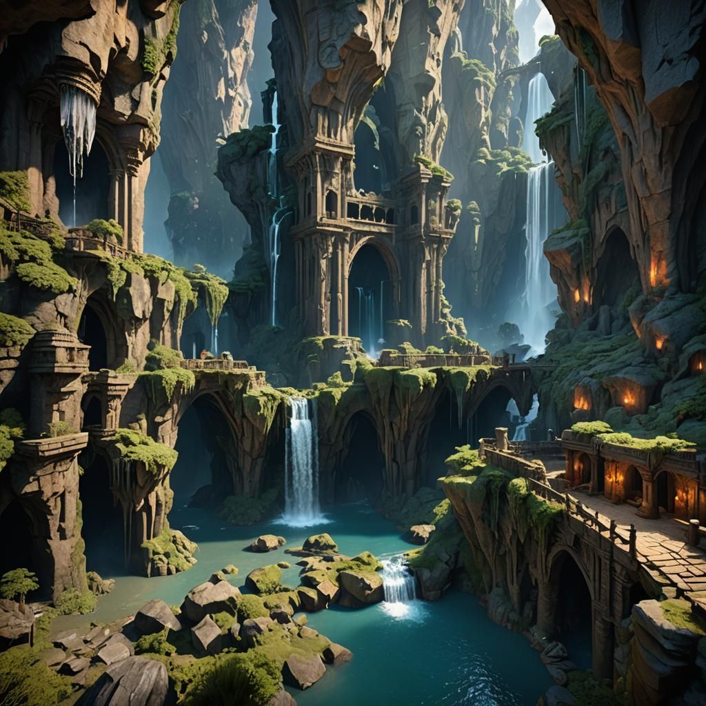 ancient ruined city in a cave with waterfalls and large crev...