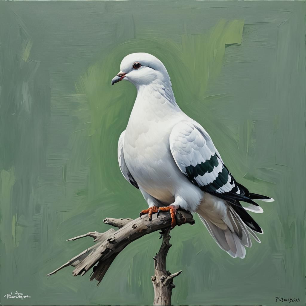 White pigeon with grey and green background, oil paint, Paco...