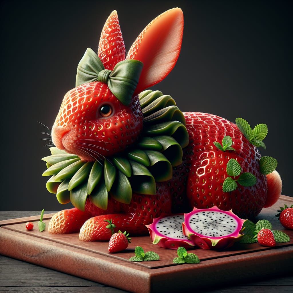 realistic Whimsical, 3D, 64K, a pure strawberry Rabbit with green mint leaves, the rabbit has a head, ...  by @Karin