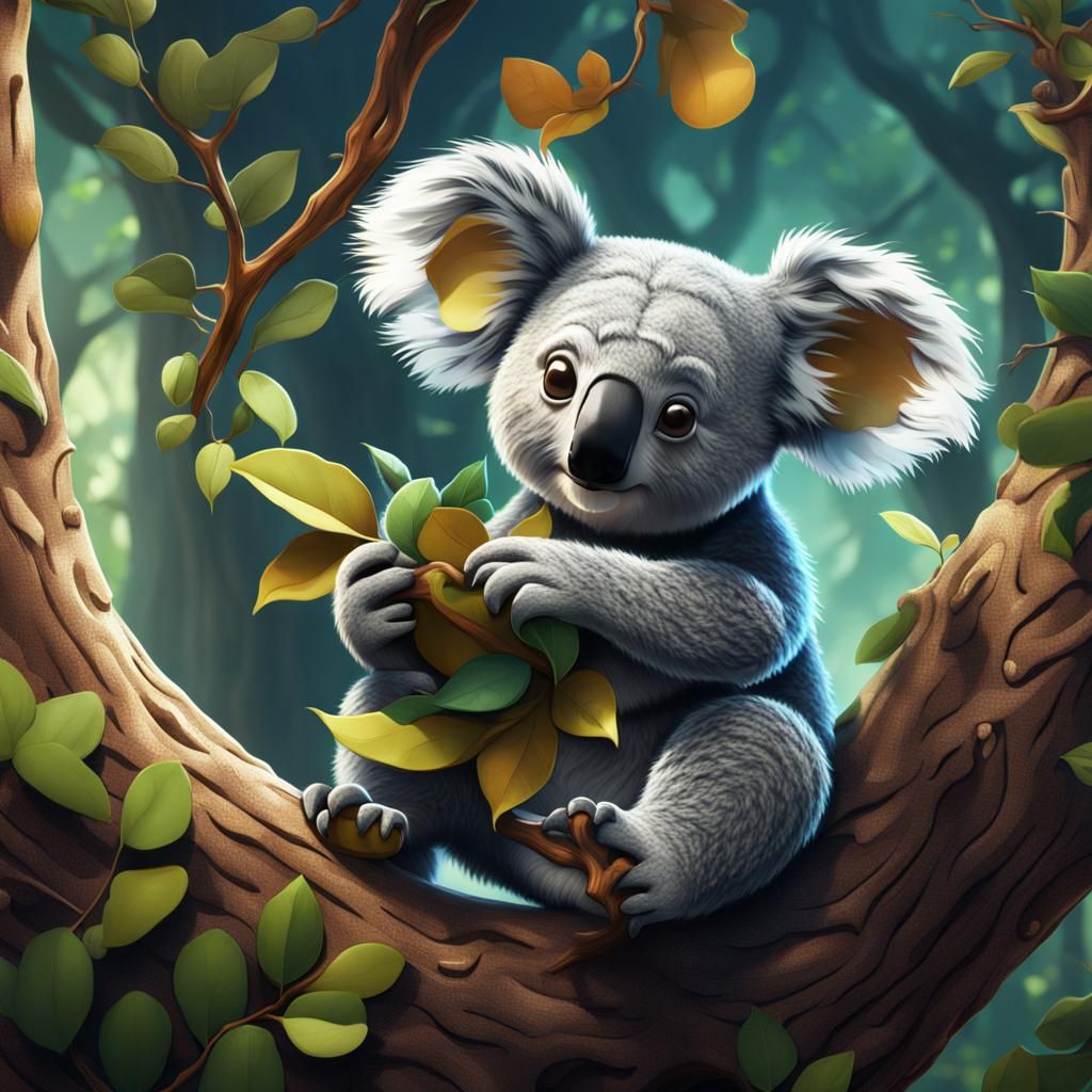 a cartoon koala eating leaves in a tree