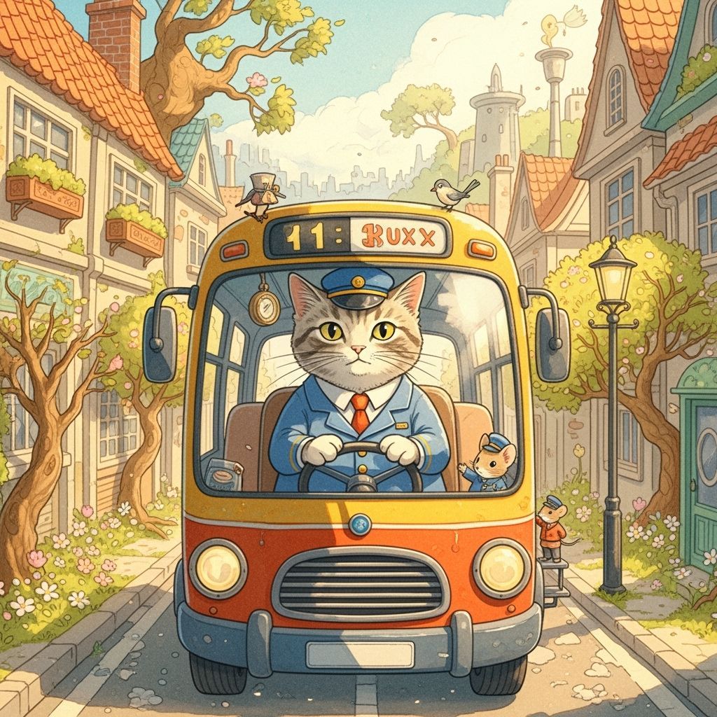 Cat Bus Driver in Whimsical Illustration Style