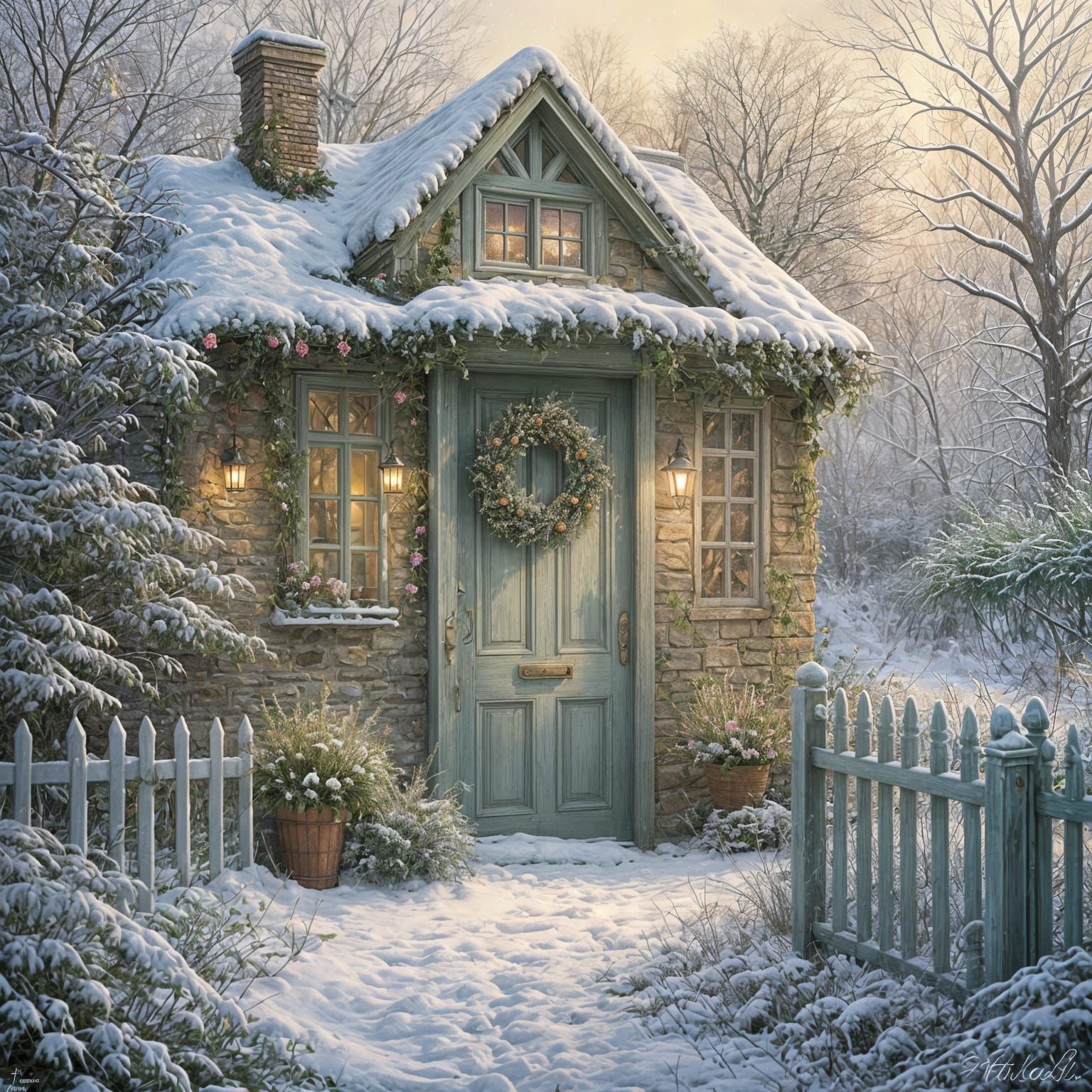 A country cottage sage coloured door, winter flowers in a wreath hanging on the door. High resolution. ...  by @Irene