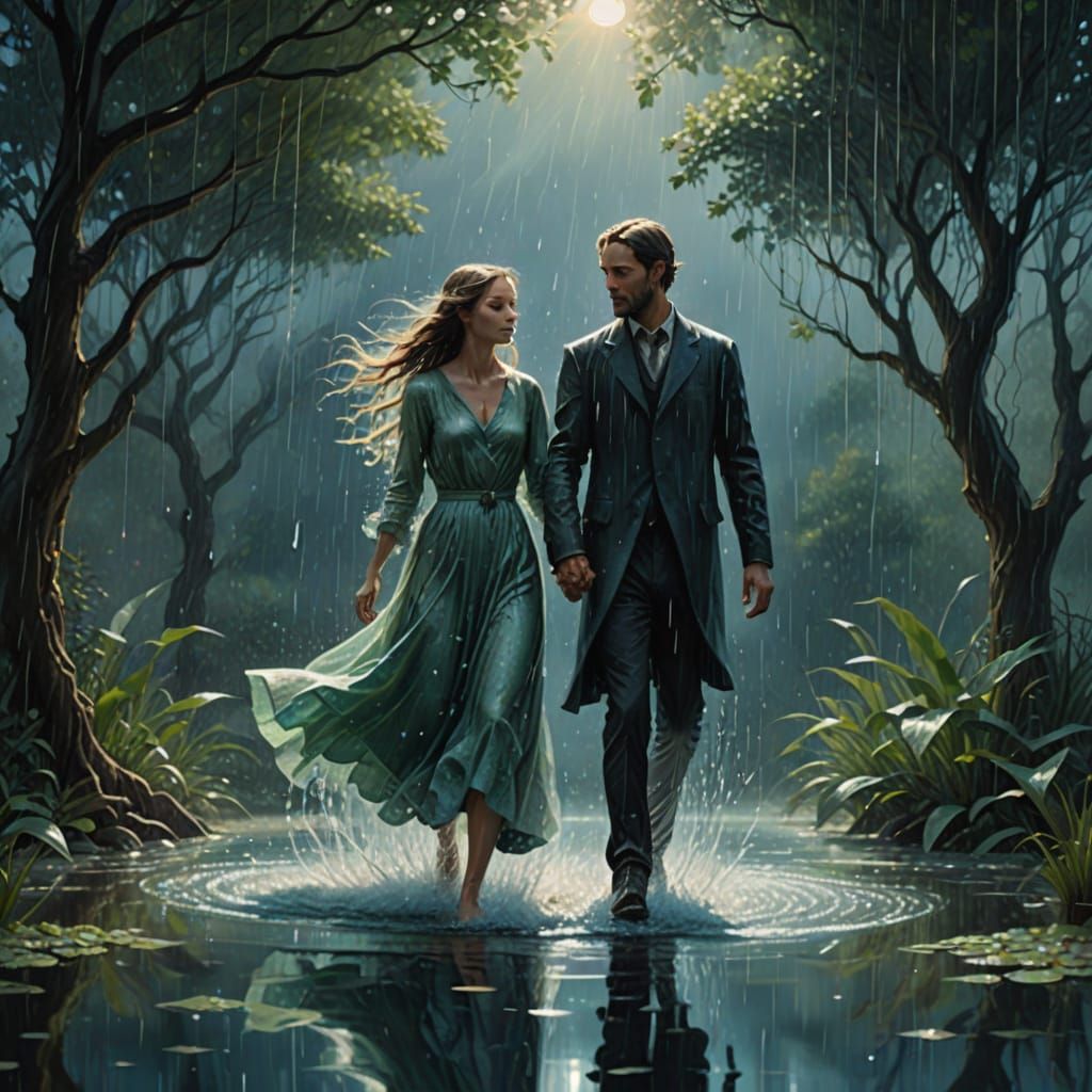  a man and a woman walking in the rain
