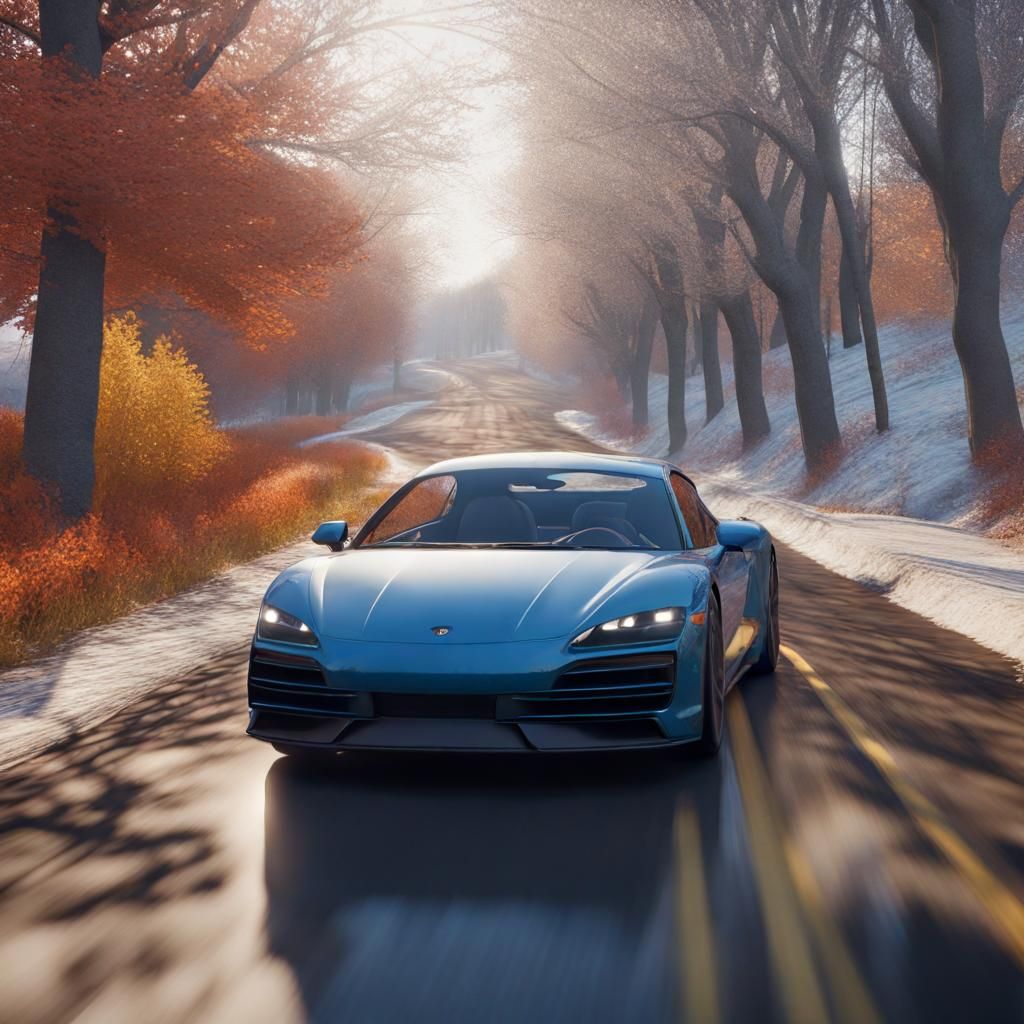 Extremely photo realistic car on a road that is transitionin...