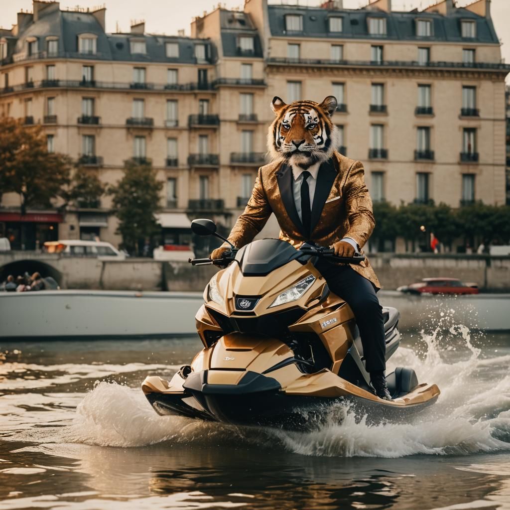 Tiger on Jet Ski in Paris: Cinematic Film Still