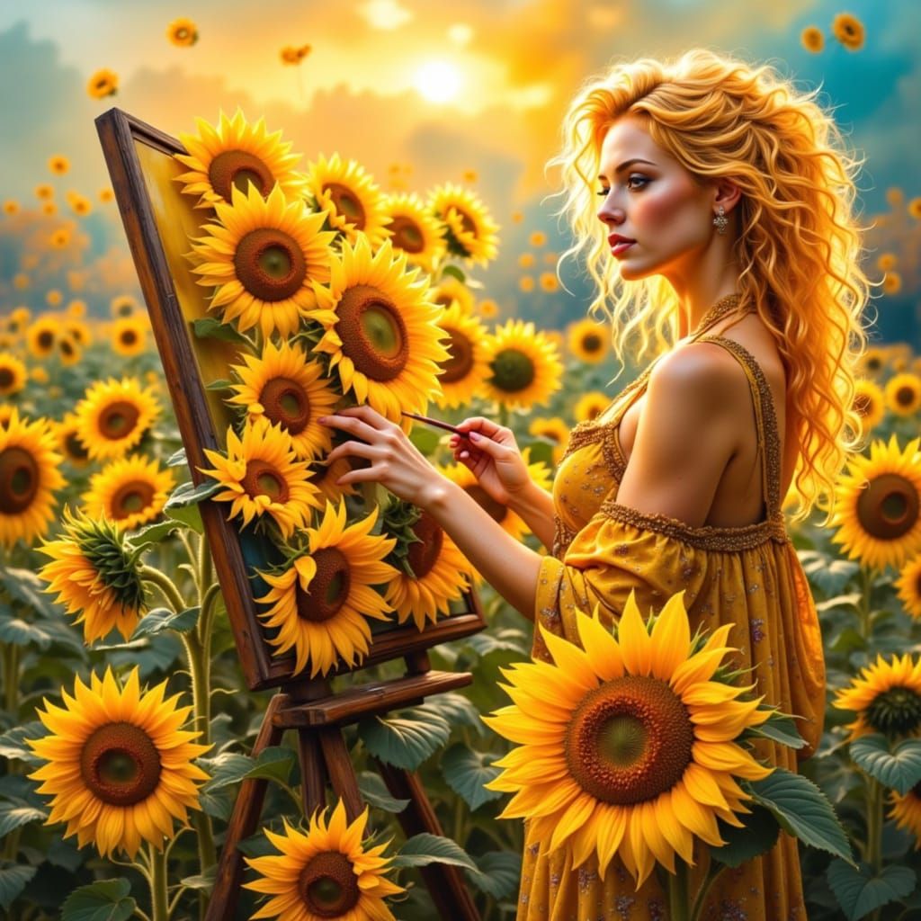 Woman painting sunflowers on an easel in a sunflowers field