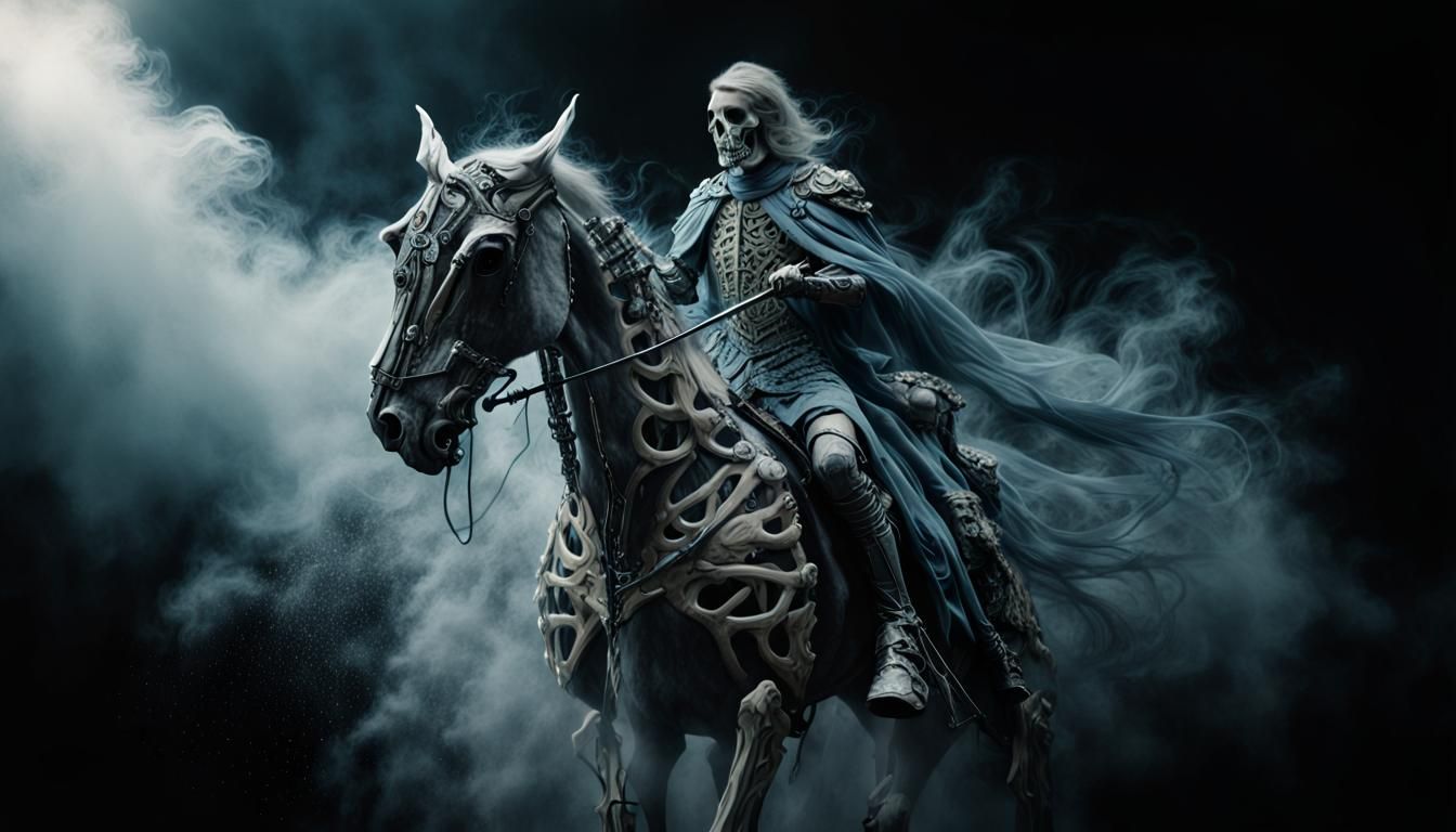 Menacing Skeletal Knight on Pale Horse in Dark Fantasy Style