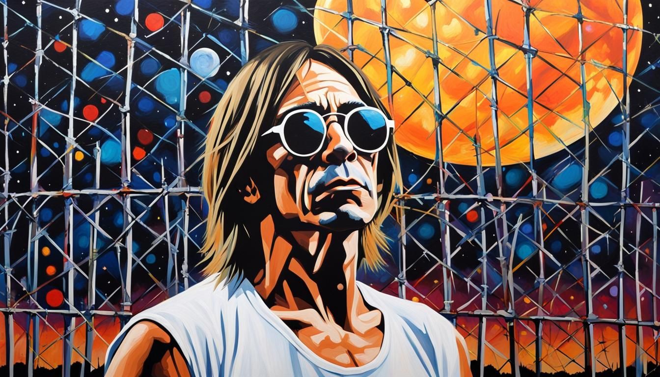 singer iggy pop wearing white tee shirt and round sunglasses...
