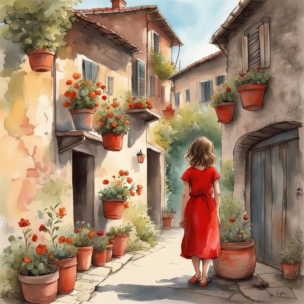 Girl in red dress in an old French village