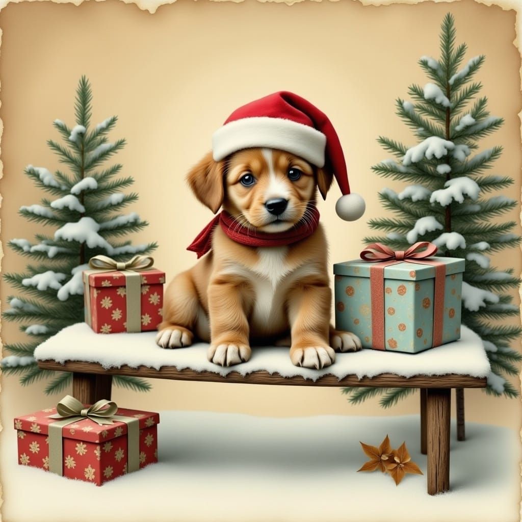 <lora:french vintage:1.0> christmas puppy, high details, masterpiece,postcard