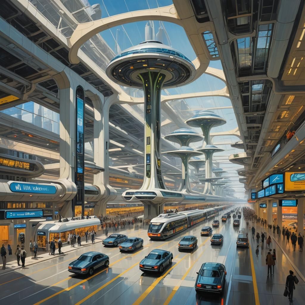 a futuristic transportation hub with levitating vehicles and...