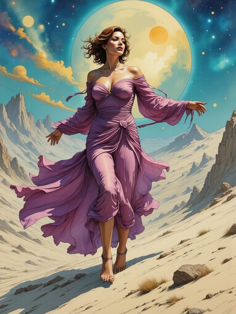 She dances in nebula-wrapped silks on crystal dunes. <lora:Nostalgic IosC64 II:1.0> <lora:Fog Beneath the Brew:1.0>