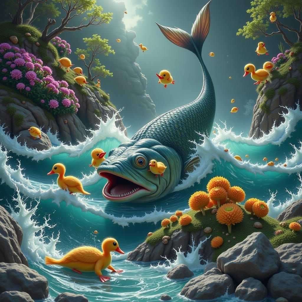 “Sea monster on bunny bay’s cove”
… ducklings, frogs, bunnies, and more hunt down the dreaded sea monster aka a fish. <lora:EvLotHrZ 2:1.0>